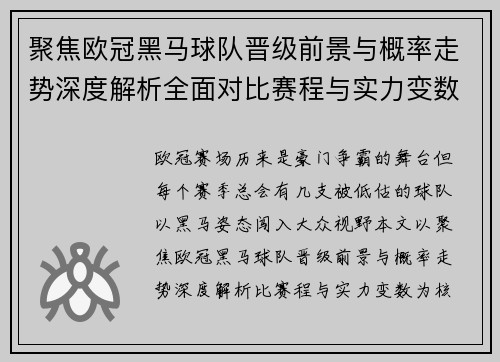 聚焦欧冠黑马球队晋级前景与概率走势深度解析全面对比赛程与实力变数